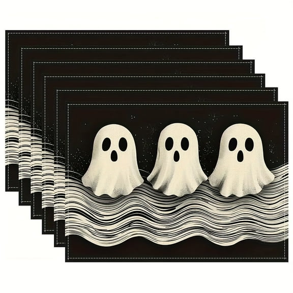 4pcs Halloween Wave Pattern and Ghost Design Placemats Set, Seasonal Daily Holiday Decoration Suitable for Home Kitchen Restaurant Party Indoor and Outdoor Decoration 12x18 inches