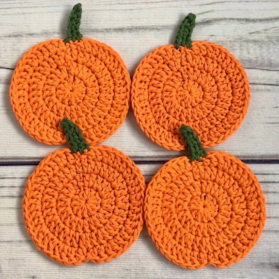 4pcs Hand-Crocheted Pumpkin Coasters Halloween & Autumn Decor, Heat-Insulating & Anti-Scald Yarn Coaster Set for Coffee Cups