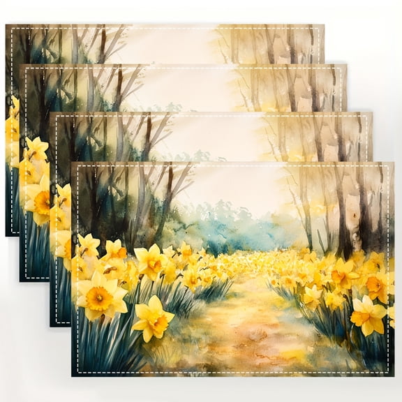 4pcs Hand-Painted Daffodil Linen Placemats - Elegant Table Mats Suitable for Dining, Kitchen, Parties, 12x18 Inch Rectangular Table Decor, Durable - Dinner Party Accessories, Rustic Table Setting
