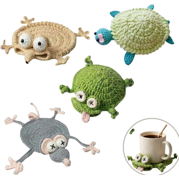 4pcs Handmade Animal Crochet Coasters Funny 3D Mug Rug, Soft Drink Coaster for Tabletop Protection and Home Desk Decoration