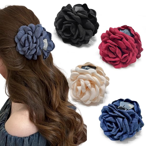 4pcs Handmade Fabric Rose Flower Hair Claw Clip for Women Girls, 3.94" Large Boho Hawaiian Floral Hairpins Barrettes for Thick Thin Hair Styling Accessories(Blue Wine Red)