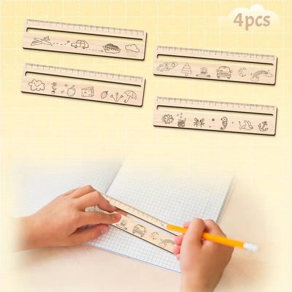 4pcs Handmade Wooden Rulers Set Unique Patterned Rulers with Reading Guide for Classroom Measurement & Literacy Learning