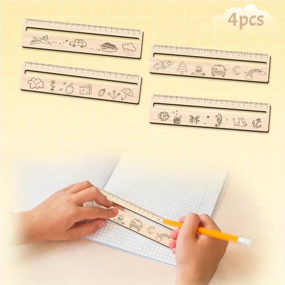 4pcs Handmade Wooden Rulers with Reading Guide for Classroom