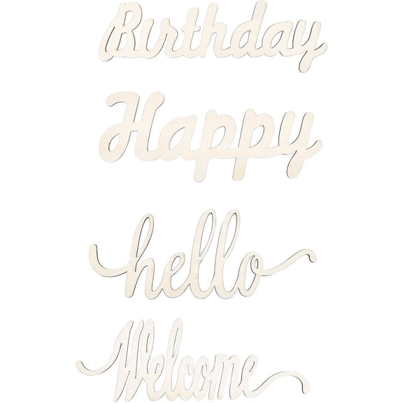 4pcs Happy Birthday Word Hanging Decor and Hello & Welcome Wooden Word Ornaments Wooden Word Sign with Hemp Cord for Party Gift Home Decoration