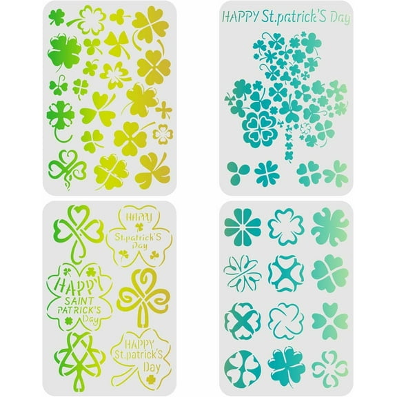 4pcs Happy Saint Patrick's Day Drawing Painting Stencils (11.6x8.3inch) Trefoil Theme Templates Decoration Clover Drawing Stencil for Painting on Wood Floor Wall and Fabric Multi-color