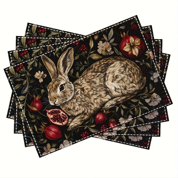 4pcs Hare & Pomegranate Placemats - Vibrant Spring Floral Design with Hare, Pomegranates & Honeysuckle, 12x18 Inch, Perfect for Dining Table, Kitchen, Party Decor, Indoor Holiday Celebrations
