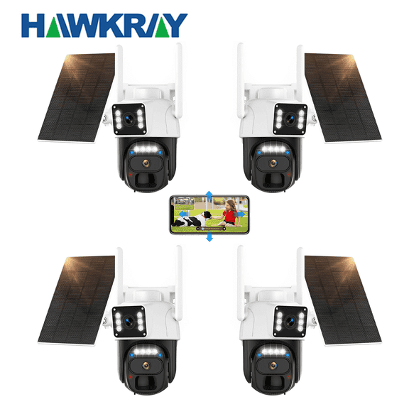 4pcs Hawkray Security Camera with Spotlight - 360 View Wireless Camera, 5G/2.4G WIFI,IP66 Waterproof PIR Detection, Rechargeable Battery Powered Home Surveillance Camera with Color Night Vision