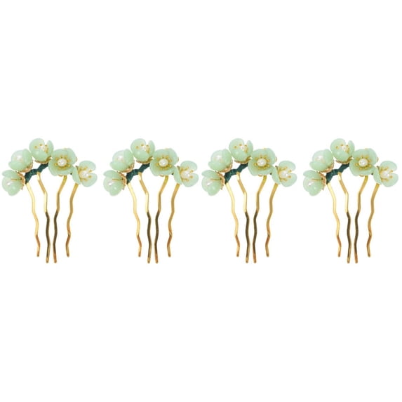 4pcs Headdress Chopsticks Green Girls Cheongsam Hanfu Style Pin Girls, Combs Hairpins Flower Decorative Jewelry Chignon Fork Decoration Forks Hairpin Handmade Stick Jade Pearl for