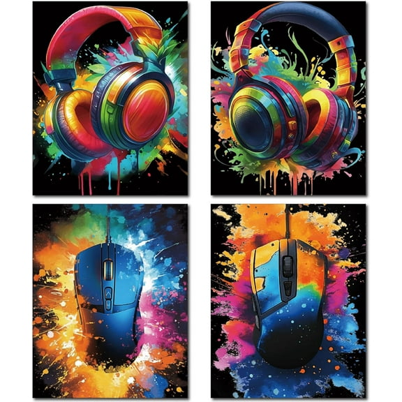 4pcs Headphones Canvas Wall Art Gamer Home Decor Picture Neon Style Wall Art Poster Headphones Canvas Print Boys Game Bedroom Playroom Living Room Decor 8x10inch Unframed diy