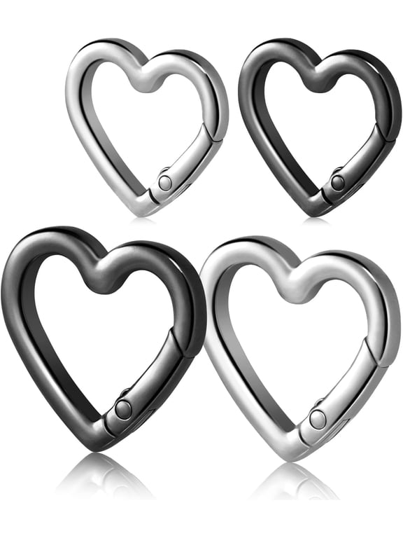 4pcs Heart Carabiner Keychain Clip, Metal Spring Heart Rings Hook Key Ring Carabiner Clips for Purse Bag Charms Backpack Strap Dog Tags Hang Water Bottle Paracord Keychain Lanyard(Silver Black)