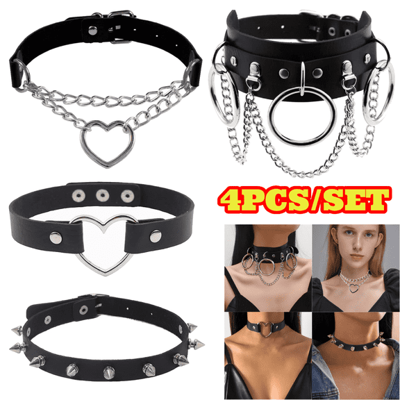 4pcs Heart Leather Choker, Steampunk PU Necklace Goth Choker Soft Collar Chain for Women Gifts