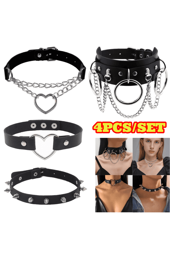 4pcs Heart Leather Choker, Steampunk PU Necklace Goth Choker Soft Collar Chain for Women Gifts