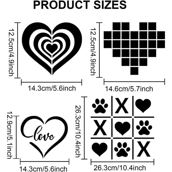 4pcs Heart Love Stencils 11.8×11.8inch Romantic Paw Print Love Drawing Templates with Paint Brush Artistic Heart-Shaped Stencils for Wedding Anniversary Crafts Home Decor