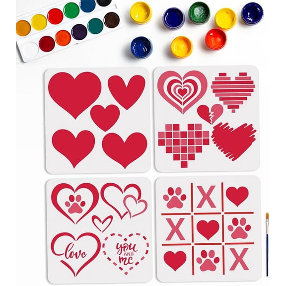4pcs Heart Love Stencils 11.8×11.8inch Romantic Paw Print Love Drawing Templates with Paint Brush Artistic Heart-Shaped Stencils for Wedding Anniversary Crafts Home Decor 1bag