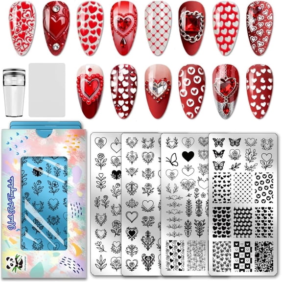 4pcs Heart Nail Stamping Plate Love with Rose Flower Nail Art Templates Leaves Plants Nails Art Plates Butterfly Nails Design Stamp