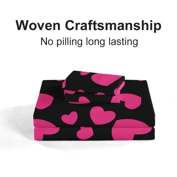 4pcs Heart Print Bed Sheet Set Black Hot Pink Ultra-Soft Microfiber Fitted Sheets Deep Pockets Up to 16 Inches Twin Full Queen King