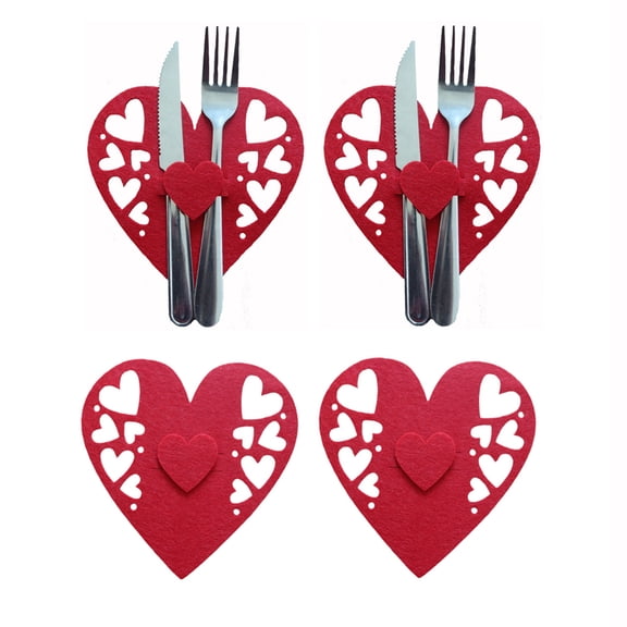 4pcs Heart Shape Cutlery Holder Bags Valentines Day Spoon Holder Pocket Fork Bags Tableware Organizers Table Decor