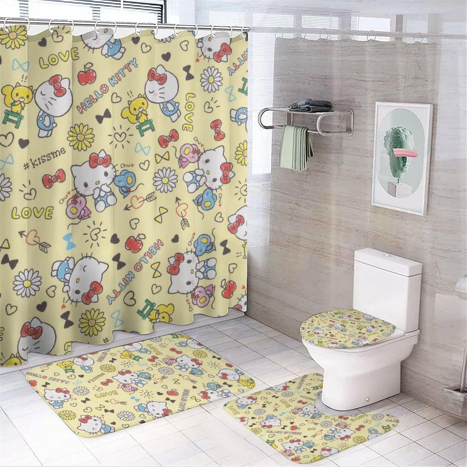 4pcs Hello Cat -kitt-y Shower Curtain Set for Bathroom, Cute Anime ...