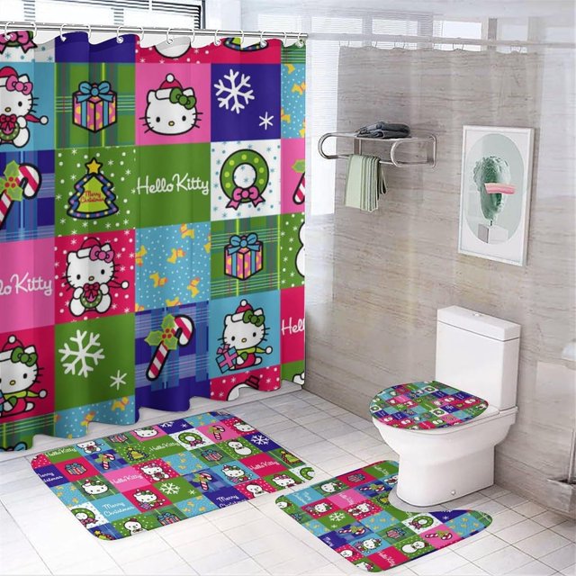 4pcs Hello Cat kitty Shower Curtain Set Christmas Bathroom Set