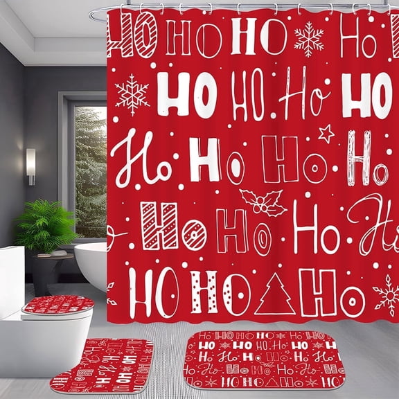 4pcs Ho Ho Ho Christmas Shower Curtain Set Winter Snowflake Bathroom Decor Holiday Accessories for Xmas Bathroom Decorations