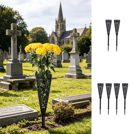 4pcs Hollow Carved Grave Flower Vases, with Ground Spikes Are Weatherproof Holders for Tomb Blooms, Durable Cemetery Decor for Gravesite Yard and All-Season Memorial Layout, Black