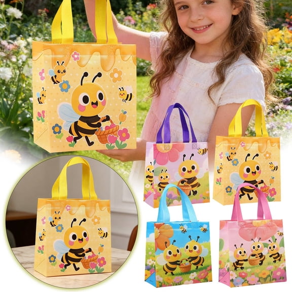 4pcs Honeycomb Design Drawstring Gift Bags Bulk PP Party Favor Pouches Cute Striped Candy Storage Bags for Birthday Wedding Classroom 9.1×8.7 Inch Yellow