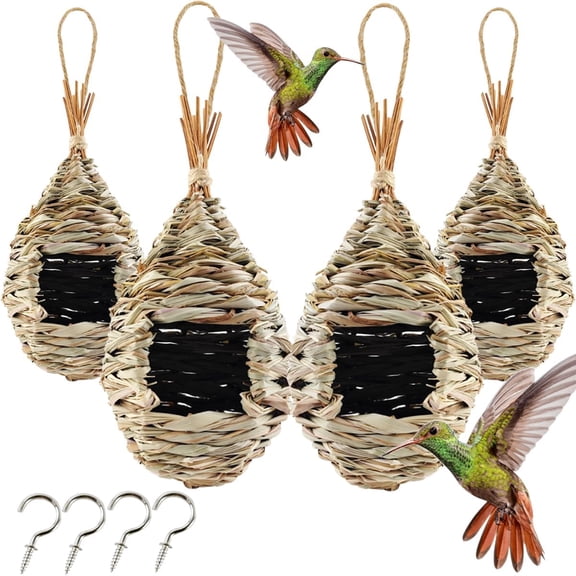 4pcs Hummingbird Houses for Outside Hanging, Natural Grass Hanging Bird Hut, Hand Woven Hummingbird Nest, Wren Finch Bird House for Garden Window Home Decorations