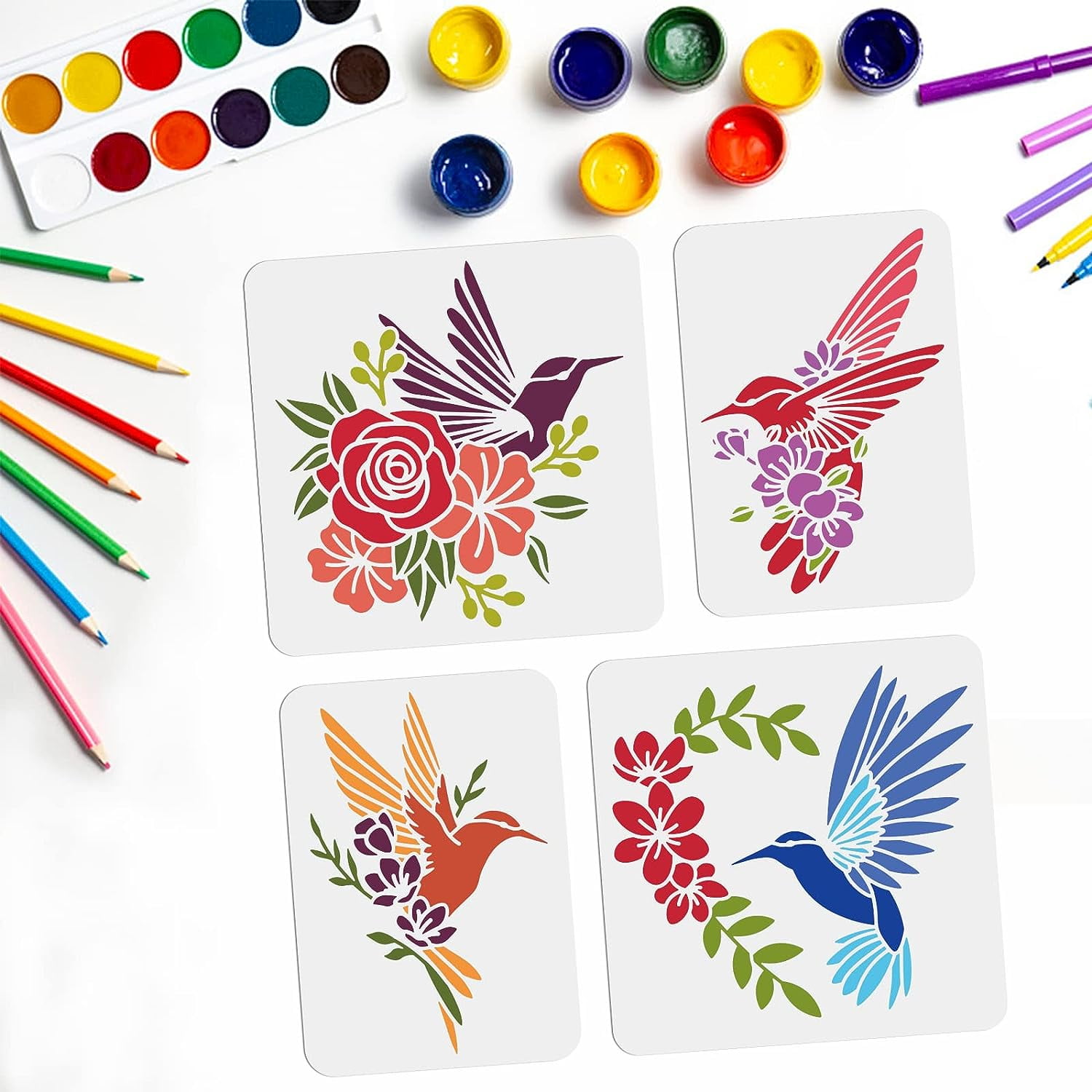 4Pcs Hummingbird Flowers Painting Stencil Drawing Template on Wood ...