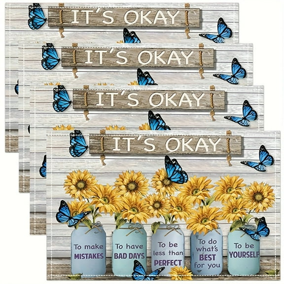 4pcs Inspirational Sunflower Quote Placemats, Table Mats Durable Washable Rustic Linen Vintage Placemats for Home Dinner Party Camping Wedding Table Decoration 12 x 18 Inch