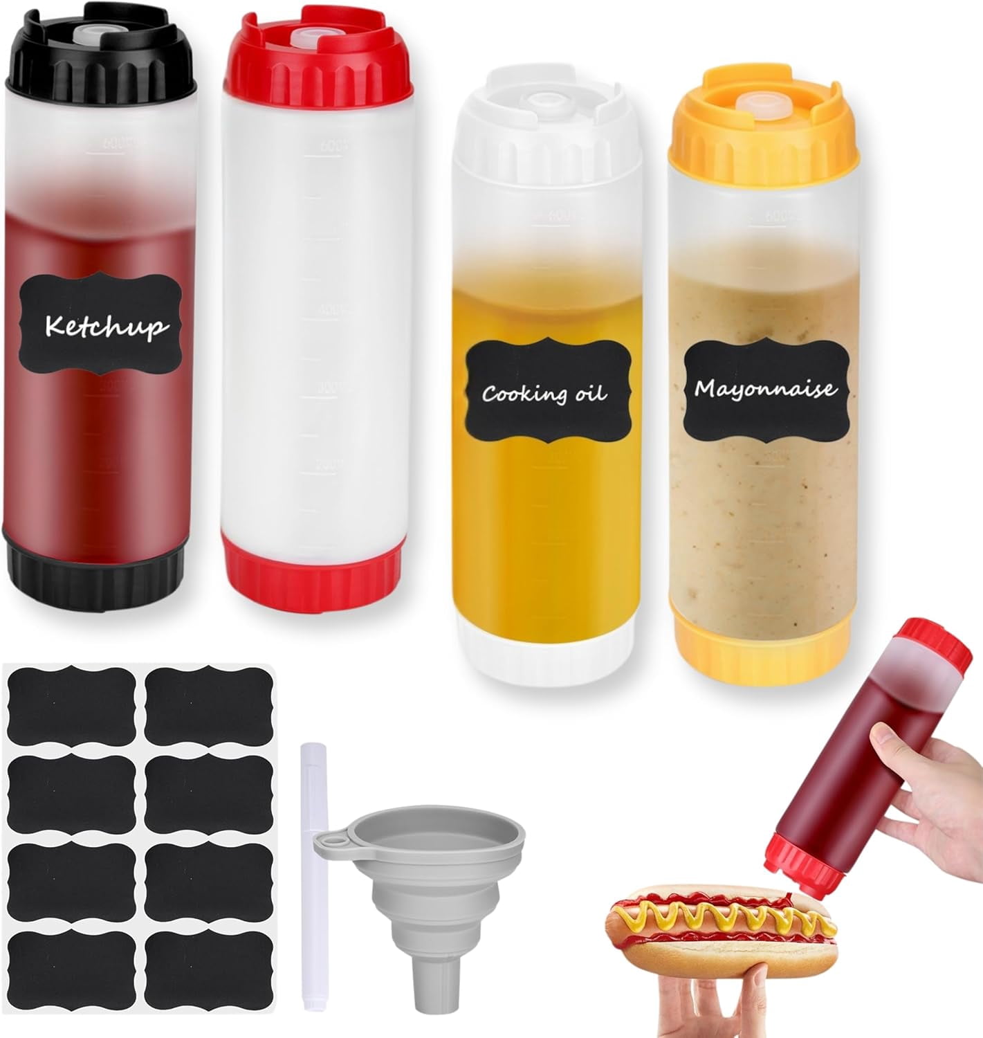 4pcs Inverted Condiment Squeeze Bottles, Leak-Proof Refillable Sauce Container for All Types Liquid, Plastic 24OZ FIFO Dispenser Ketchup Mustard Mayo Honey Syrup Oil
