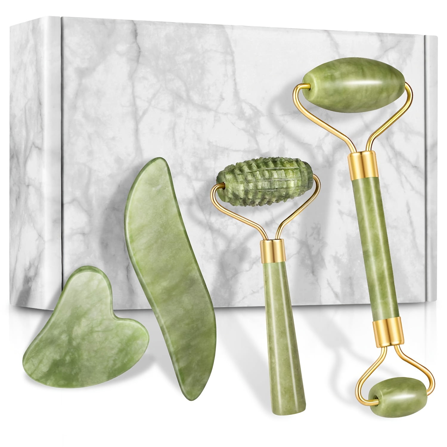 4pcs Jade Roller & Gua Sha Set, Facial Roller Massager With Gua Sha Scraping Tool, Jade Stone Massager For Reducing The Look Of Aging, Reducing Puffiness & Firming, Rejuvenate Face And Neck,