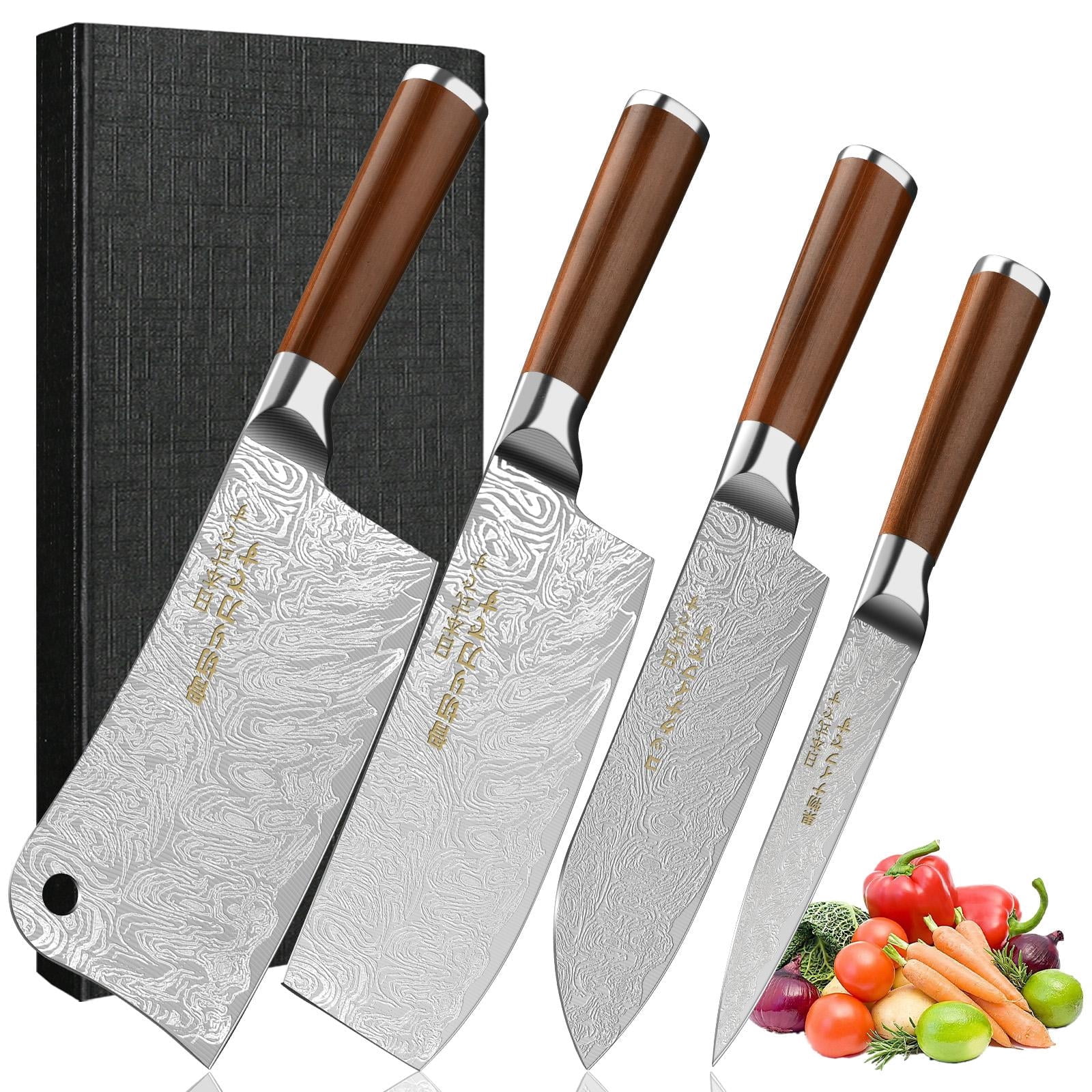 4pcs Japanese All Steel Kitchen Knives Block Set, Sharp Blade Chef Knife with Imitation Wooden Handle, Professional Cutting Tool for Bone, Meat, Fish, Vegetables. Ideal Chef Christmas Gift.