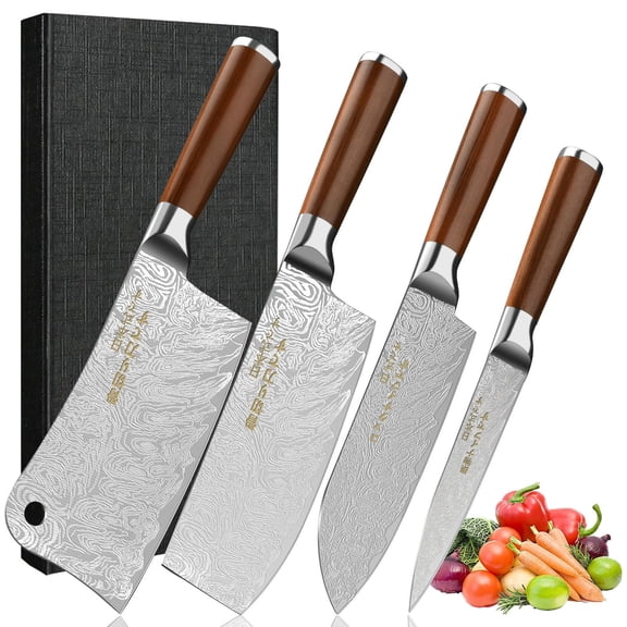 4pcs Japanese All Steel Kitchen Knives Block Set, Sharp Blade Chef Knife with Imitation Wooden Handle, Professional Cutting Tool for Bone, Meat, Fish, Vegetables. Ideal Chef Christmas Gift.