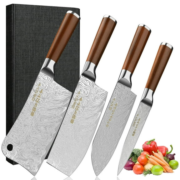 4pcs Japanese All Steel Kitchen Knives Block Set, Sharp Blade Chef Knife with Imitation Wooden Handle, Professional Cutting Tool for Bone, Meat, Fish, Vegetables. Ideal Chef Christmas Gift.