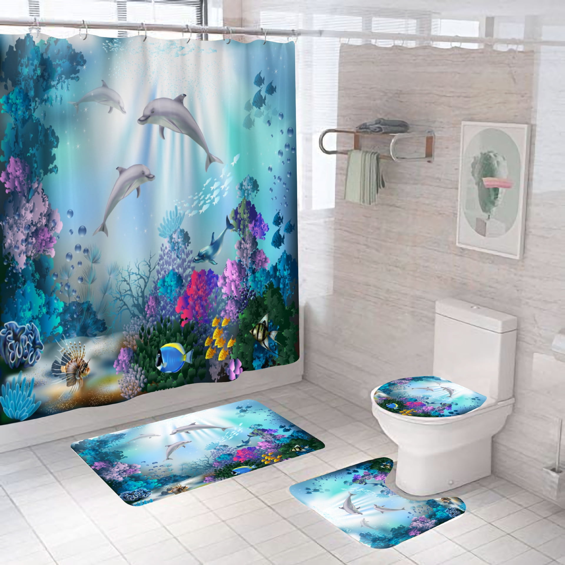 4pcs Jellyfish Shower Curtain Sets with Rug Ocean Marine Animal