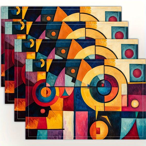4pcs, Kandinsky Modern Squares Circles Colorful Placemats, Fashion Print Pattern Table Mat, for Dining Table, Kitchen, Party, Indoor, Holiday, Dinner Parties And Home Decor (Table Mats) 12X18 Inch