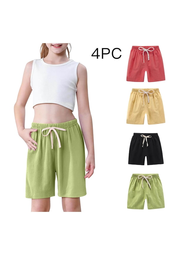 4pcs Kids Cotton Linen Shorts Breathable Plain Elastic Waist Summer Casual Bermuda Shorts Youth Lightweight Short Joggers Multicolor B 7 Years