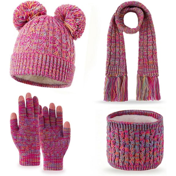 4pcs Kids Winter Hat Gloves Scarf Set, Girls Toddler Winter Hat Beanie with Touchscreen Gloves & Neck Warmer for Girls Boys