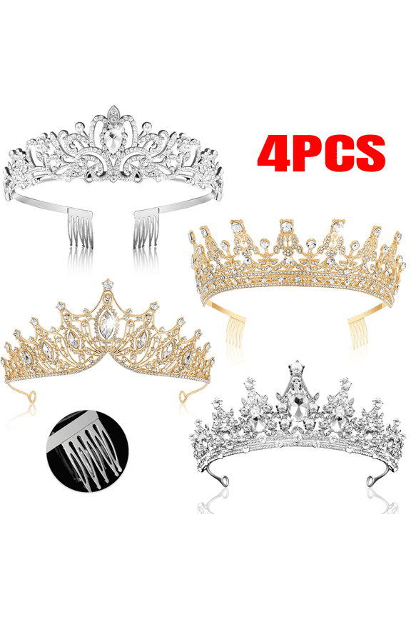 4pcs King Crowns Metal King and Queen Prince Princess Crystal Headband Tiara Crown Wedding Bridal Accessories for Women Men
