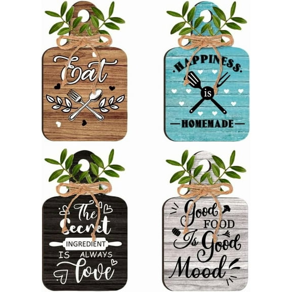 4pcs Kitchen Wall Decor Wood Sign Eat Wooden Cutting Board Sign Farmhouse Tiered Tray with Hemp Rope Wall Art Wood Rustic Hanging Wall Decor for Home Kitchen Dining Living Room Bar Cafe