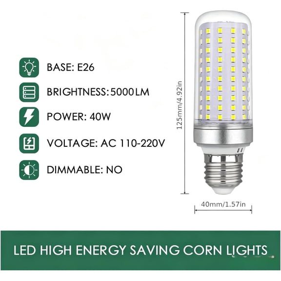 4pcs LED Light Bulb 5000LM 350w Equivalent Super Bright 6000K Cool Daylight White 40W LEDs Bulb E26/E27 Medium Base for Outdoor Indoor Home Garage Backyard LED Corn Light Bulb