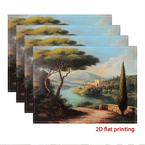 4pcs, Lake-view Villa Pattern placemats, fashion print pattern table mat, for dining table, kitchen, party, indoor, holiday, dinner parties and home decor (table mats) 12x18 Inch