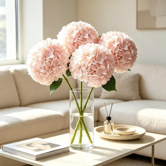 4pcs Large Light Pink (196 Petals) PREMIUM HYDRANGEA ARTIFICIAL FLOWER WITH MOISTURE TOUCH, Lifelike Faux Bloom for Wedding Decor Home Living Room Table Centerpiece