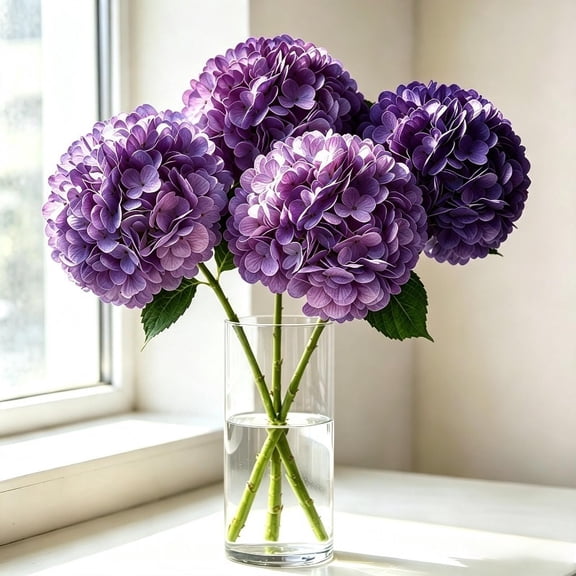 4pcs Large Purple (196 Petals) PREMIUM HYDRANGEA ARTIFICIAL FLOWER WITH MOISTURE TOUCH, Lifelike Faux Bloom for Wedding Decor Home Living Room Table Centerpiece