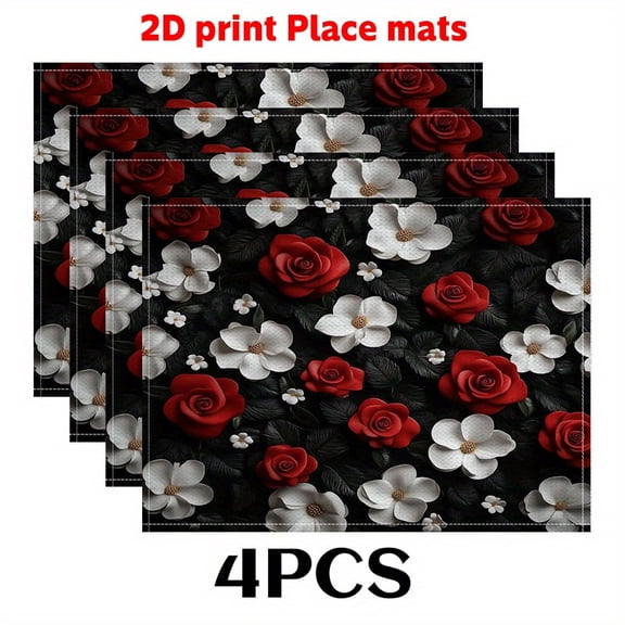 4pcs Large Red & White Roses Table Mats Suitable for Modern Dining Table Decor - Elegant Floral Table Overlay, Hand Washable, Fits for & Restaurant, Easy-Clean Decorative Table Protectors