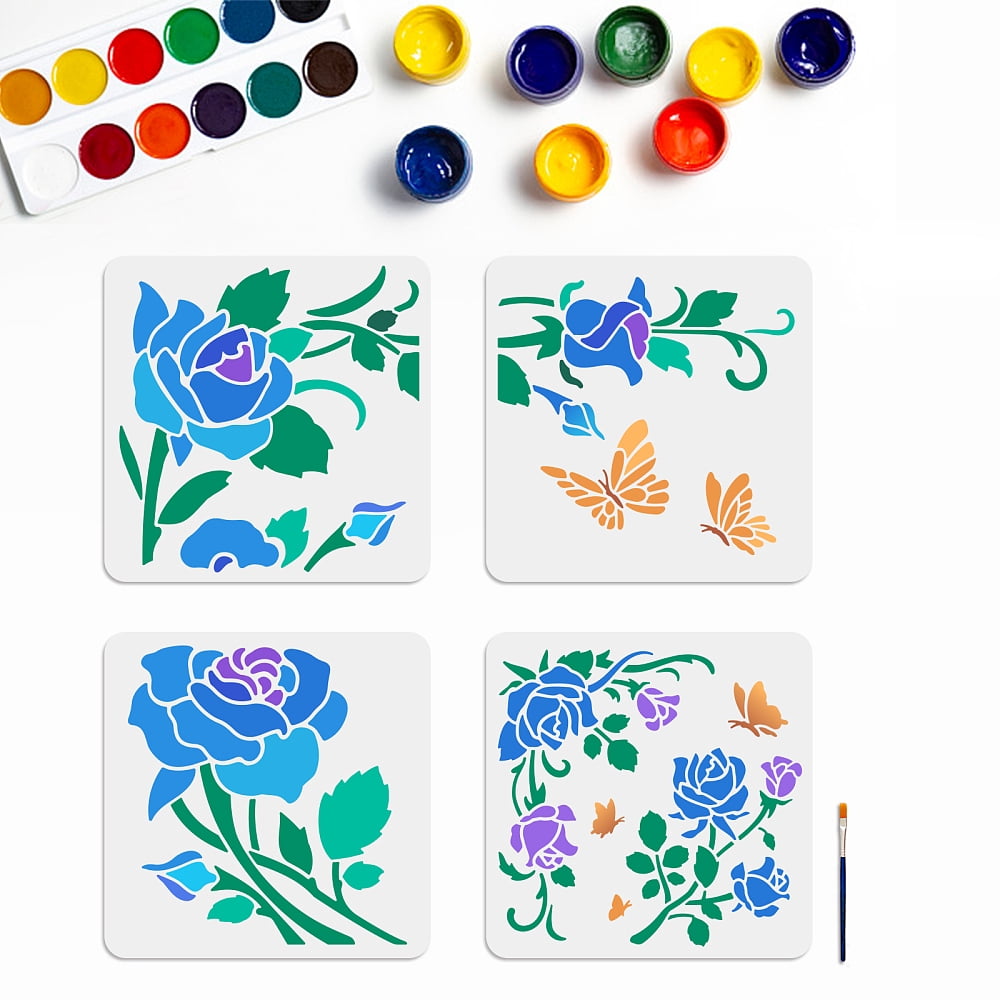 4pcs Large Rose Vine Leaf Stencil 11.8×11.8inch Rose Flower Stencils ...