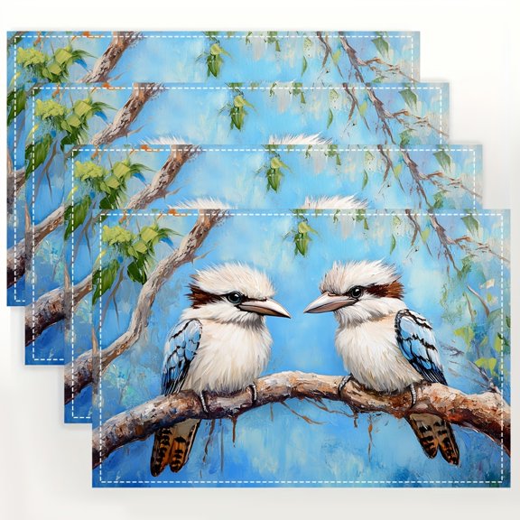 4pcs Laughing Kookaburra Placemats, Hand Washable Linen Table Mats, Dining & Kitchen Decor, 12x18 Inch