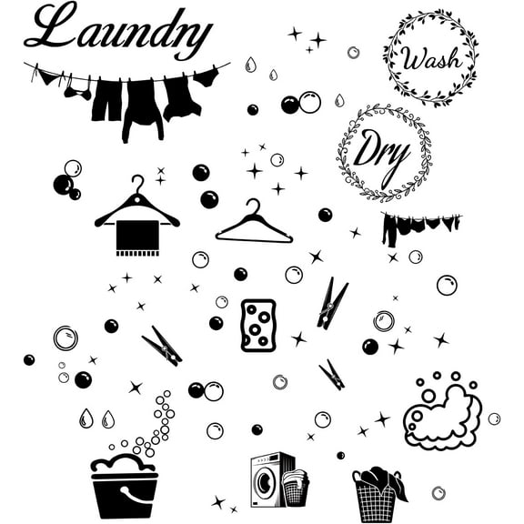 4pcs Laundry Room Vinyl Wall Decals Wash Dry Quote washing machine dryer Wall Stickers Self-Adhesive Peel and Stick Mural Decoration for Home Bathroom Washing Machine Dryer Laundry Room for DIY