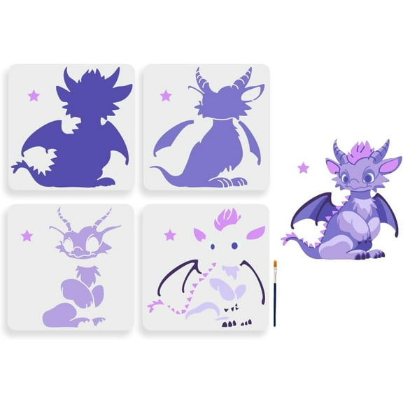 4pcs Layered Dragon Stencils 11.811.8inch Large Cartoon Dragon Stencil with Paint Brush Reusable Cute Little Animal Stencil