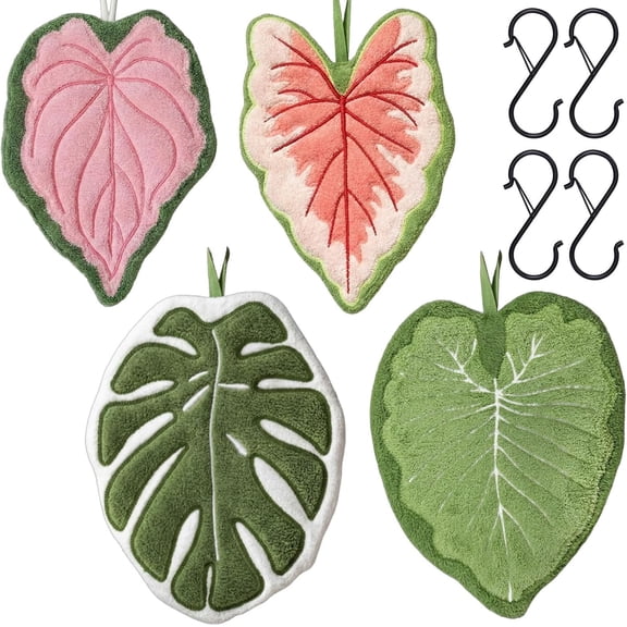 4pcs Leaf Shaped Hand Towel with Hanging Loop, Green Monstera Leaves Decorative Quick-Drying Coral Fleece Towel for Kitchen & Bathroom